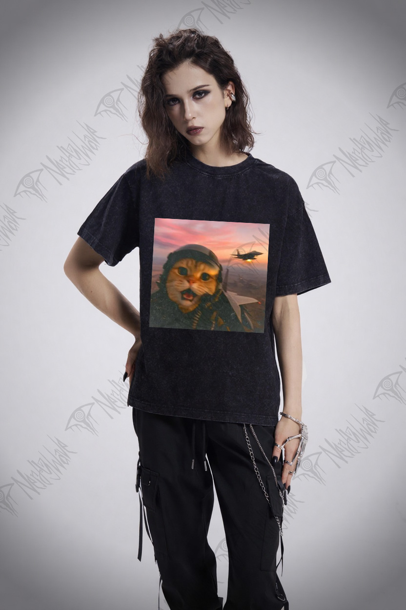 Funny Fighter Pilot Cat Washed T-shirt