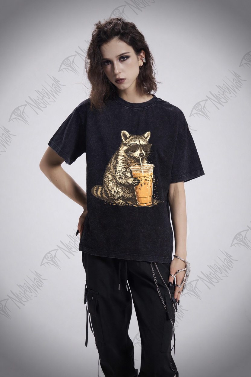 Raccoon Drinking Iced Coffee Washed T-shirt