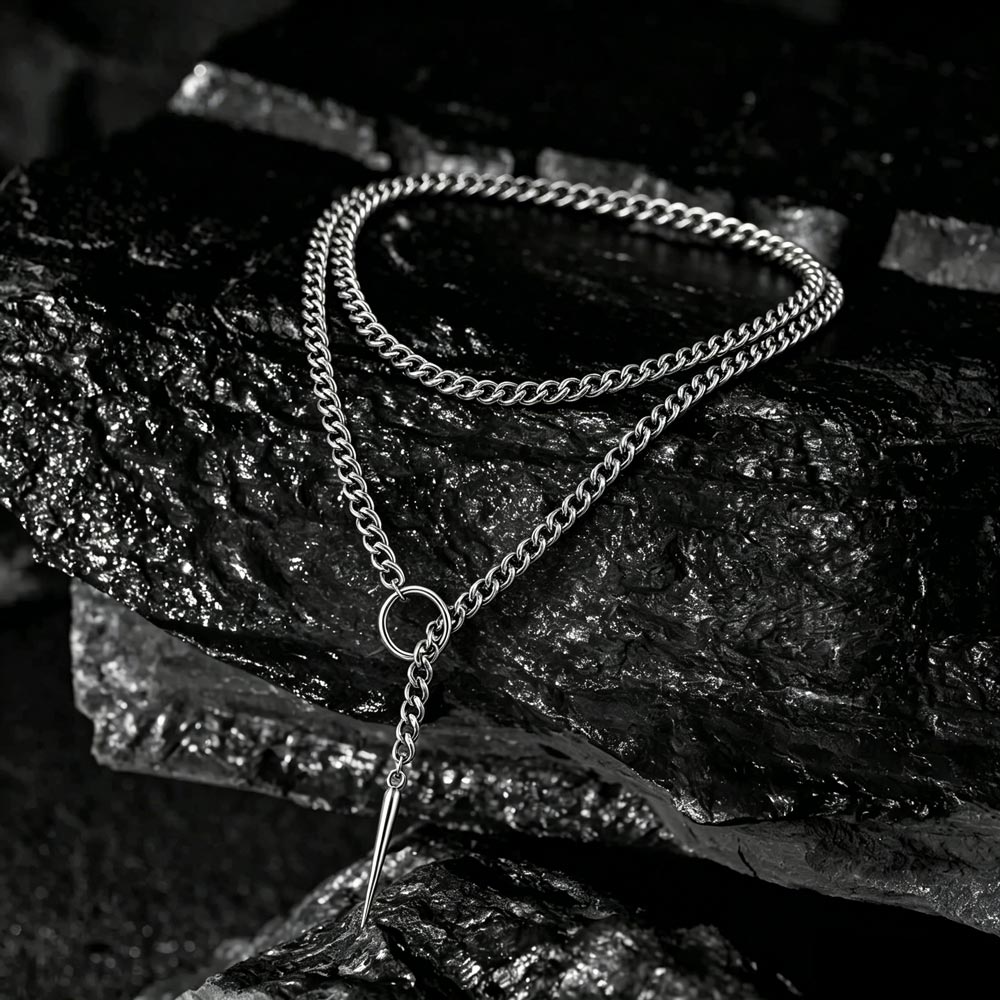 Double Layer Spike Pendant Cuban Chain Necklace
