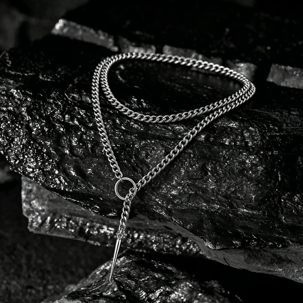 Double Layer Spike Pendant Cuban Chain Necklace