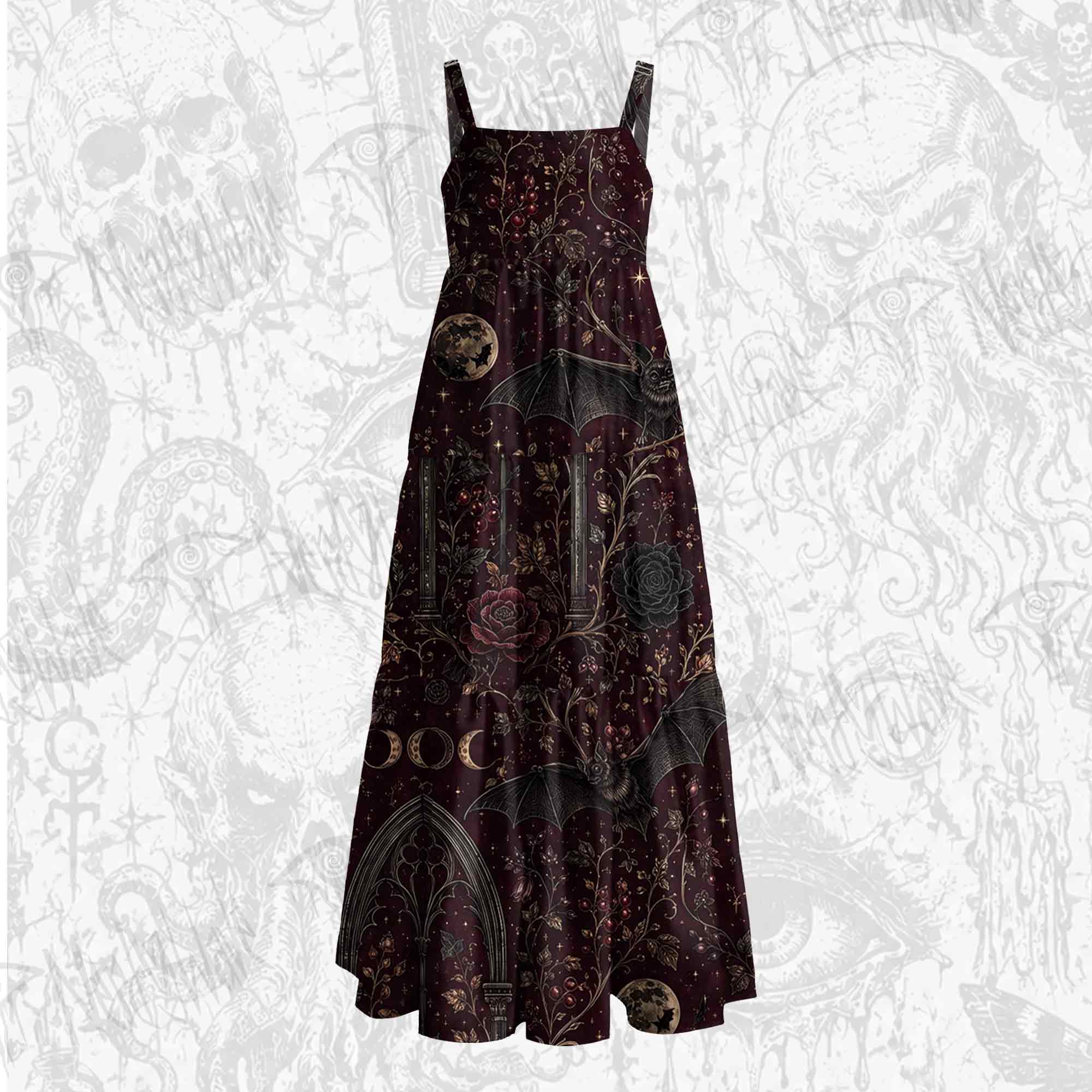 Gothic Bat Full Moon Wide Straps Maxi Dress