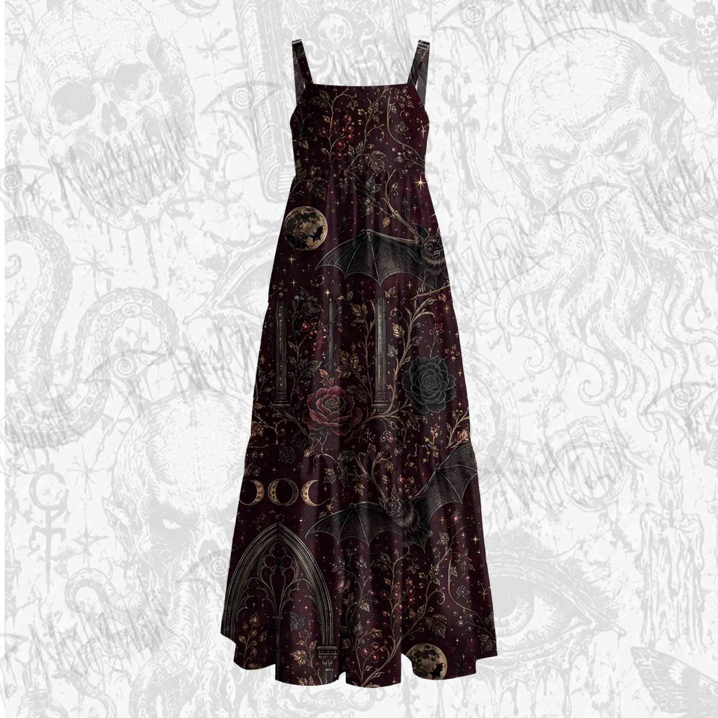 Gothic Bat Full Moon Wide Straps Maxi Dress
