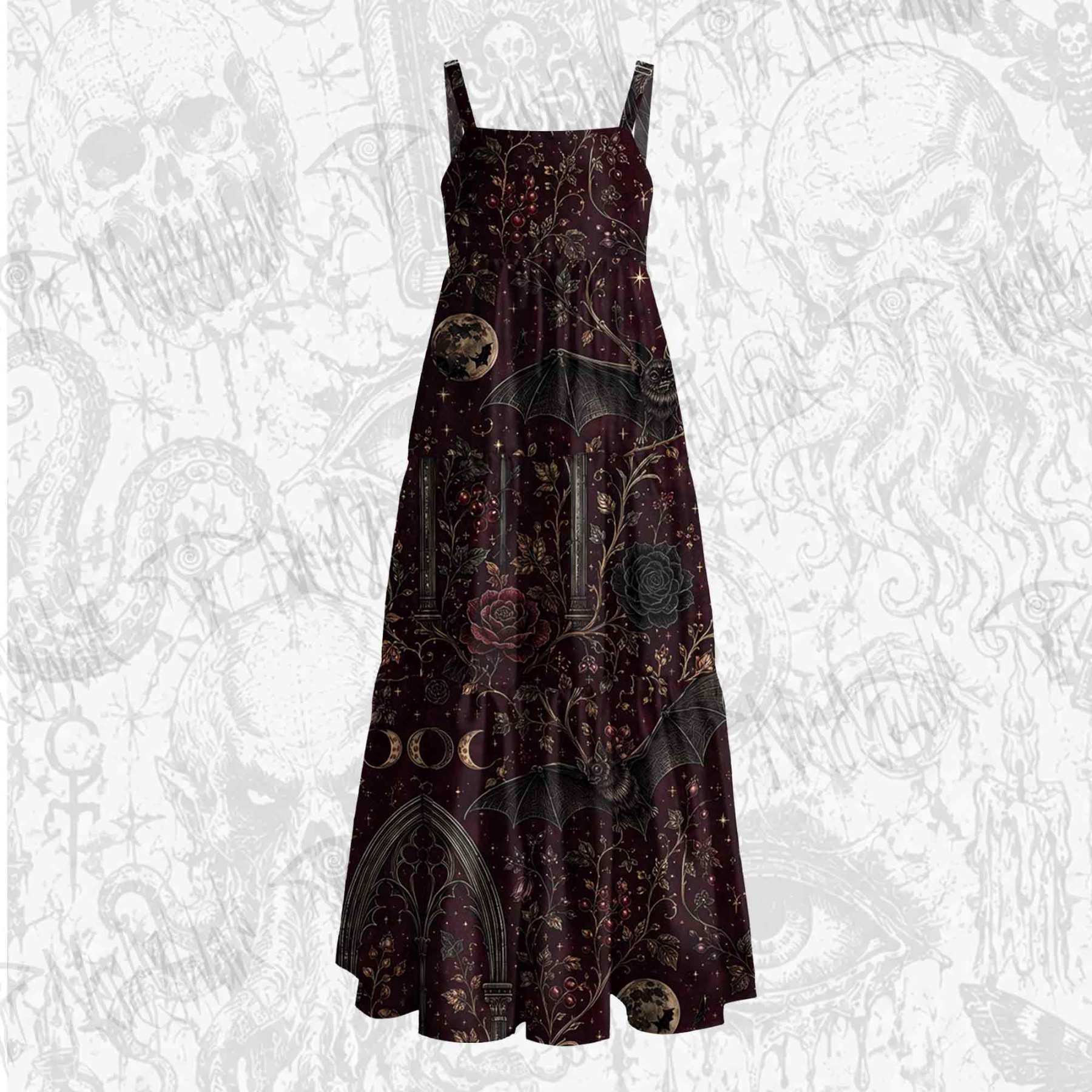 Gothic Bat Full Moon Wide Straps Maxi Dress