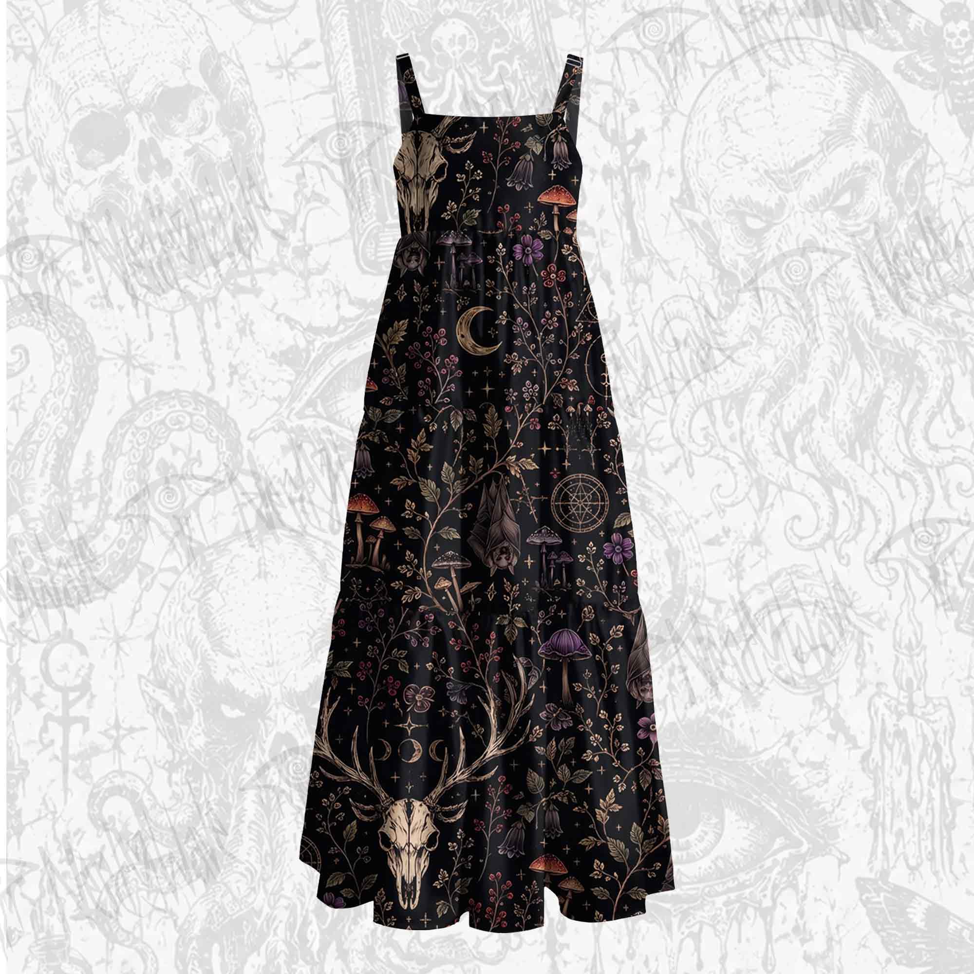 Occult Forest Stag Skull Floral Wide Straps Maxi Dress