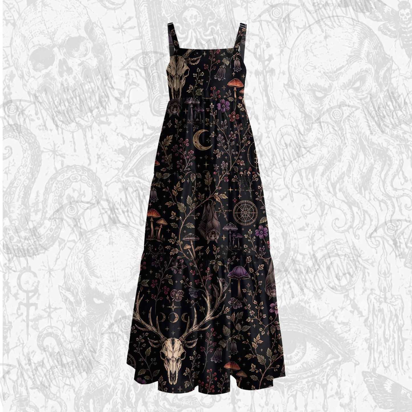 Occult Forest Stag Skull Floral Wide Straps Maxi Dress