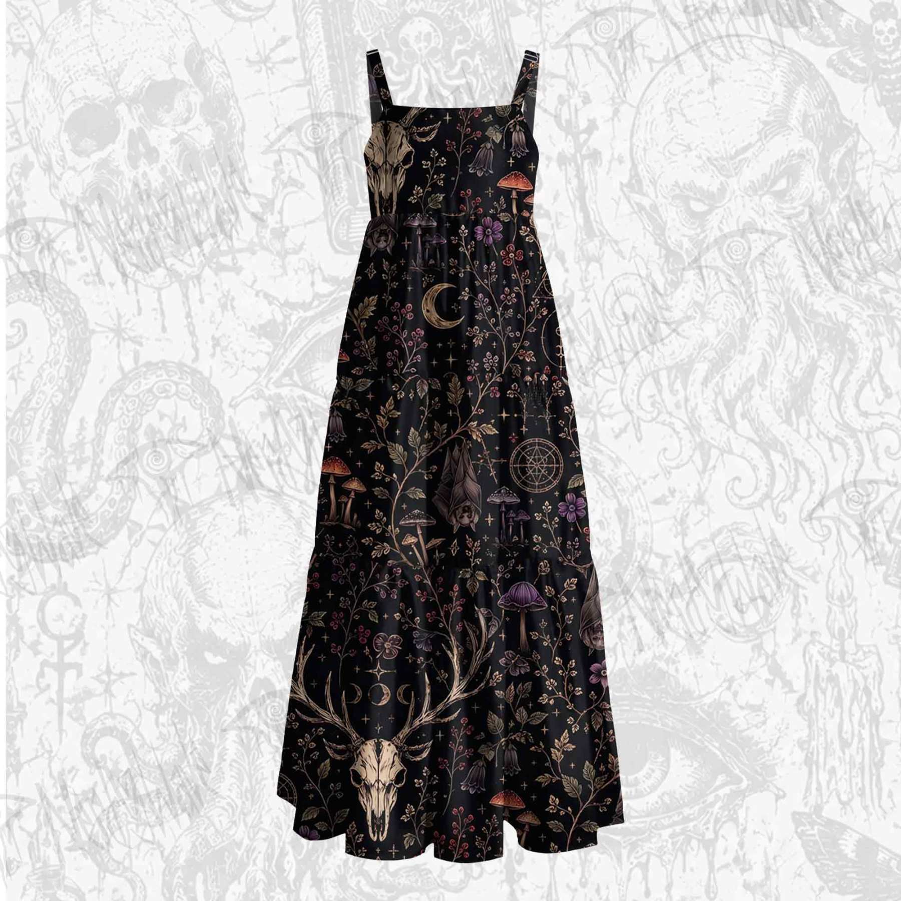 Occult Forest Stag Skull Floral Wide Straps Maxi Dress