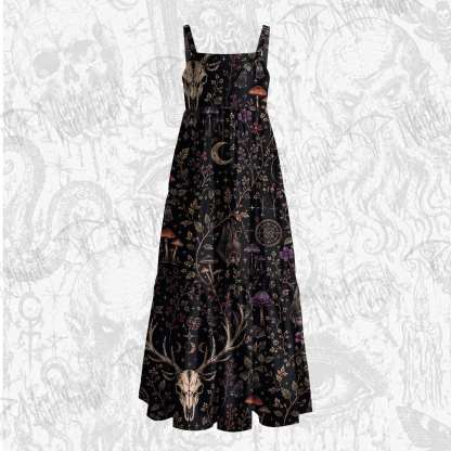 Occult Forest Stag Skull Floral Wide Straps Maxi Dress