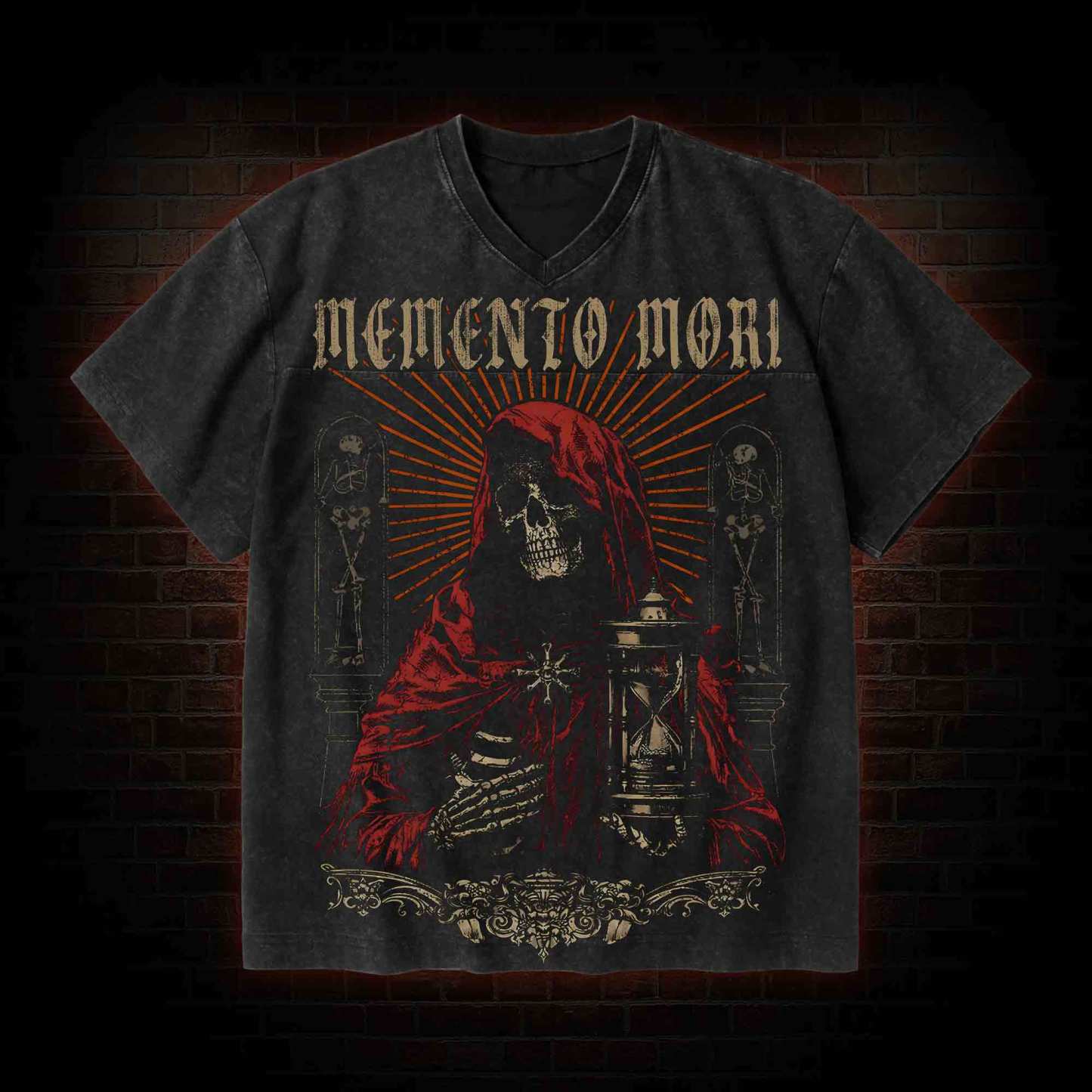 Memento Mori V-Neck Streetwear Washed T-shirt