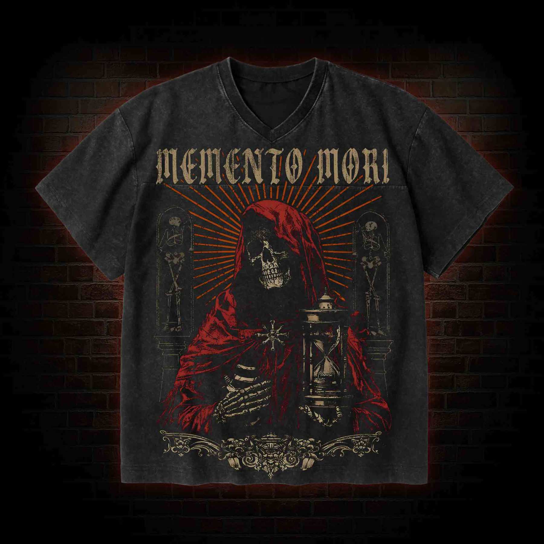 Memento Mori V-Neck Streetwear Washed T-shirt