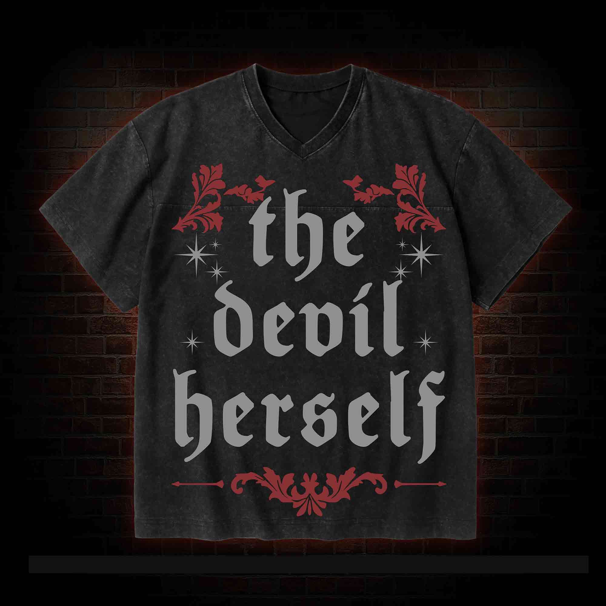 The Devil Herself V-Neck Streetwear Washed T-shirt