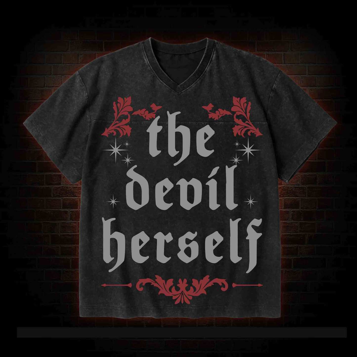 The Devil Herself V-Neck Streetwear Washed T-shirt
