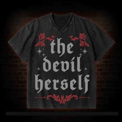 The Devil Herself V-Neck Streetwear Washed T-shirt