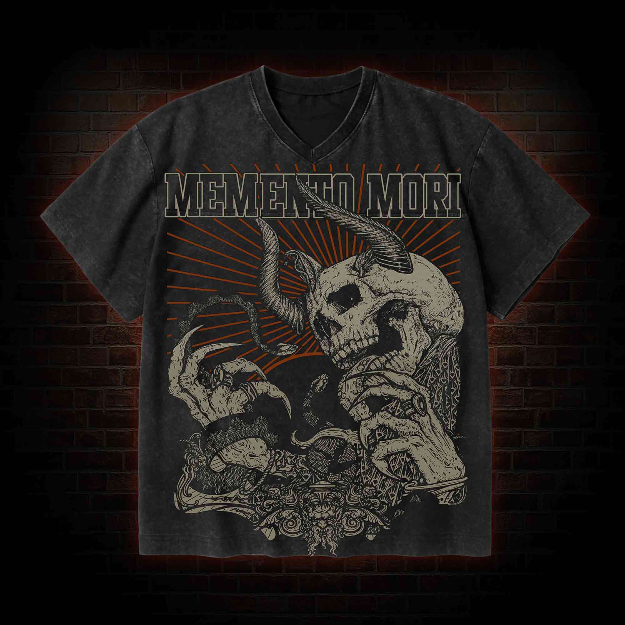 Memento Mori Horror V-Neck Streetwear Washed T-shirt