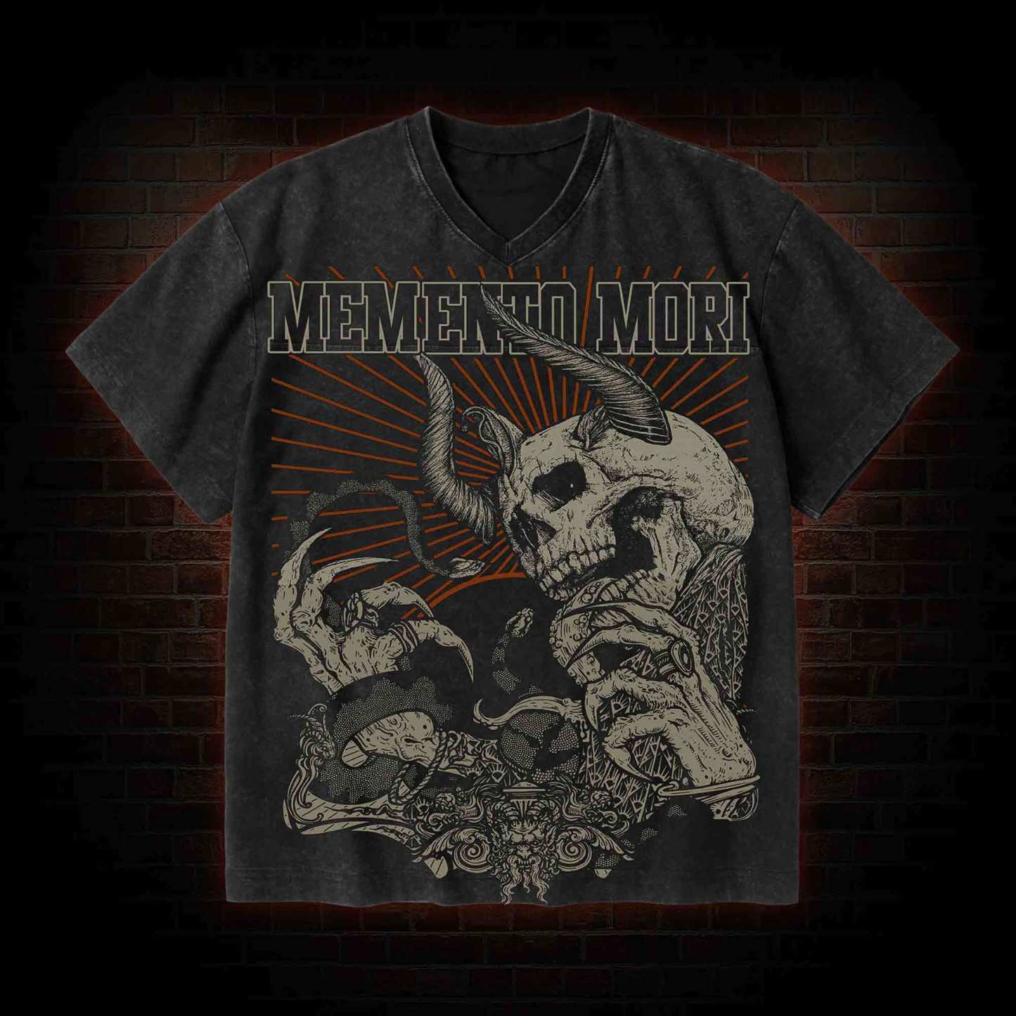 Memento Mori Horror V-Neck Streetwear Washed T-shirt