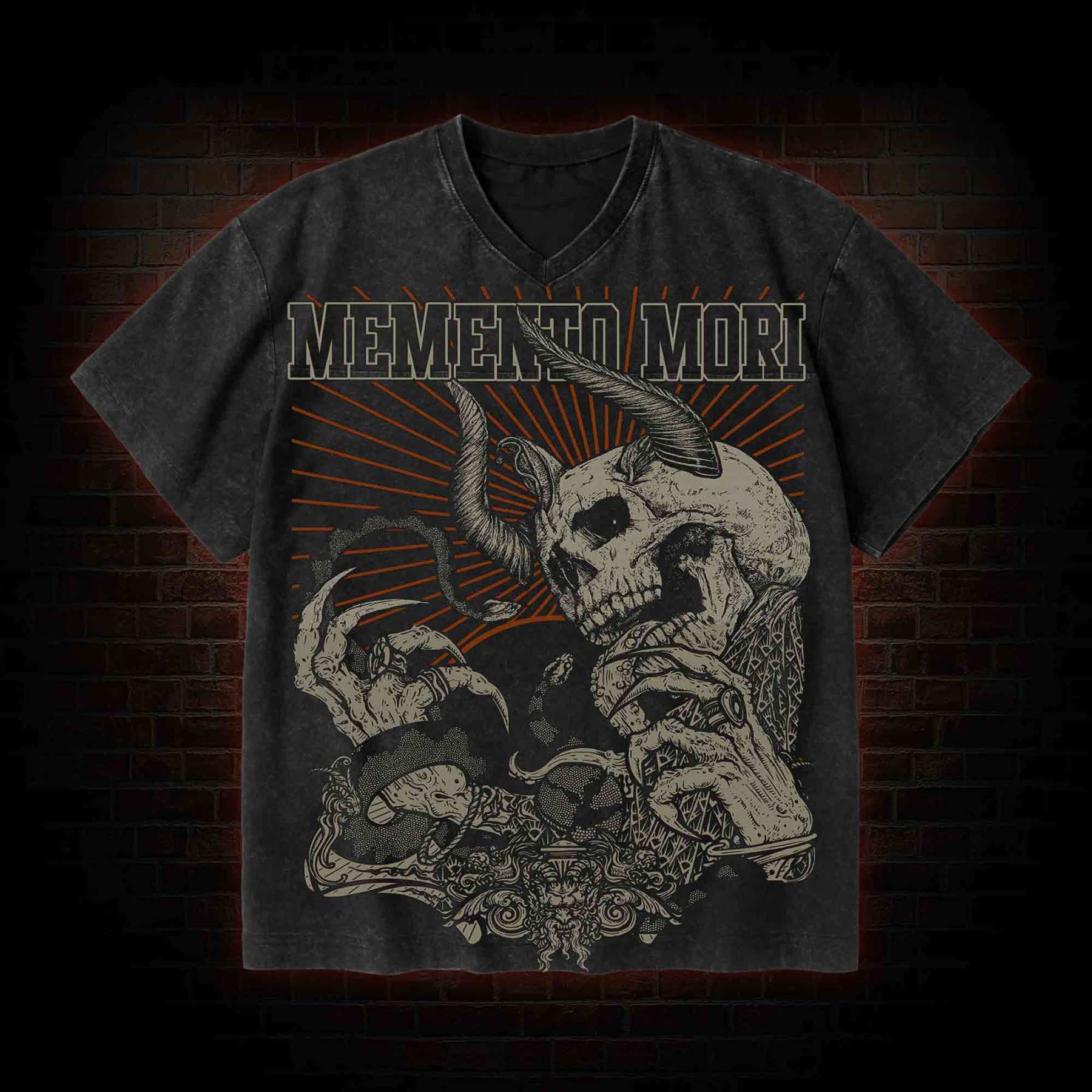 Memento Mori Horror V-Neck Streetwear Washed T-shirt