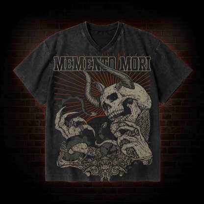 Memento Mori Horror V-Neck Streetwear Washed T-shirt