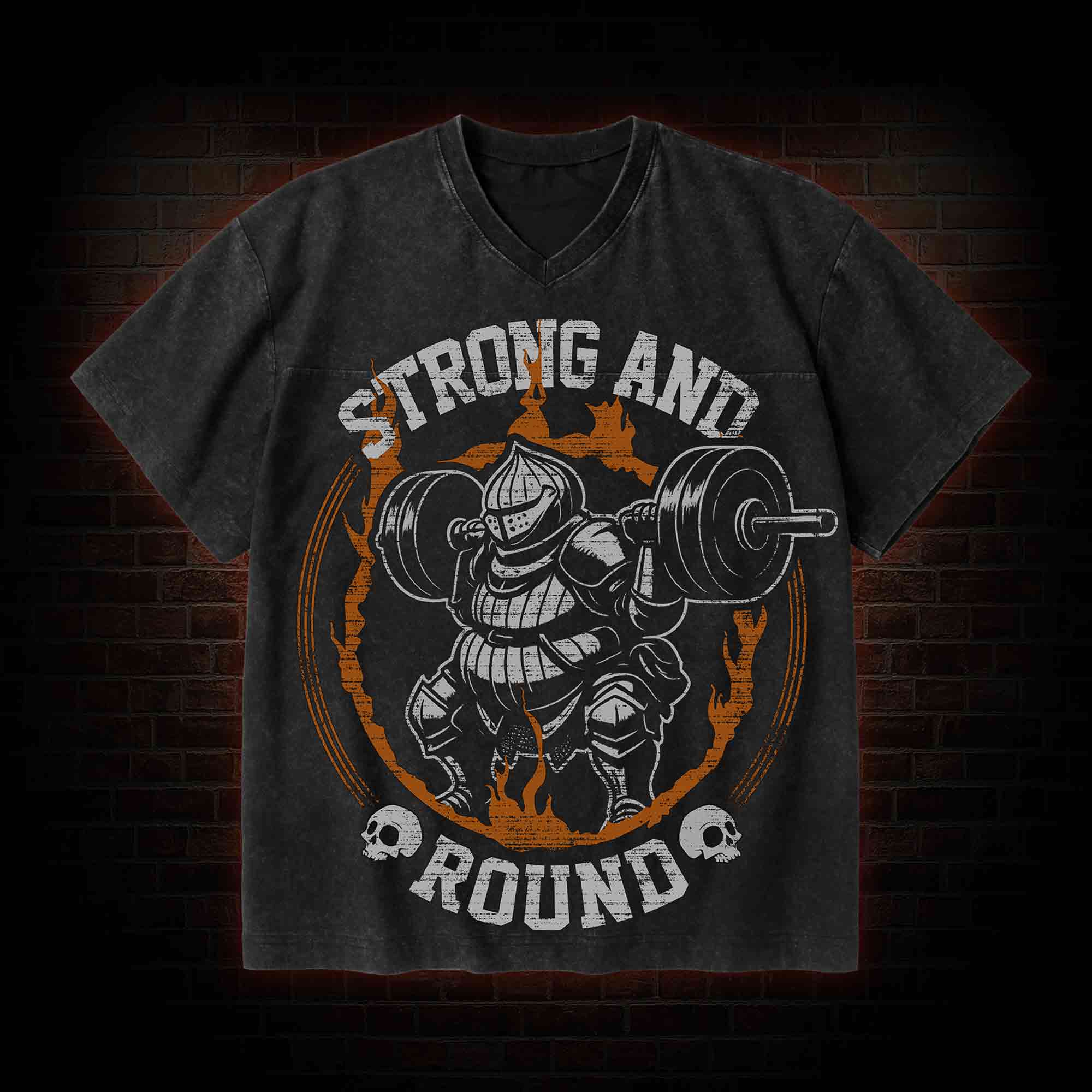 Strong and Round V-Neck Streetwear Washed T-shirt
