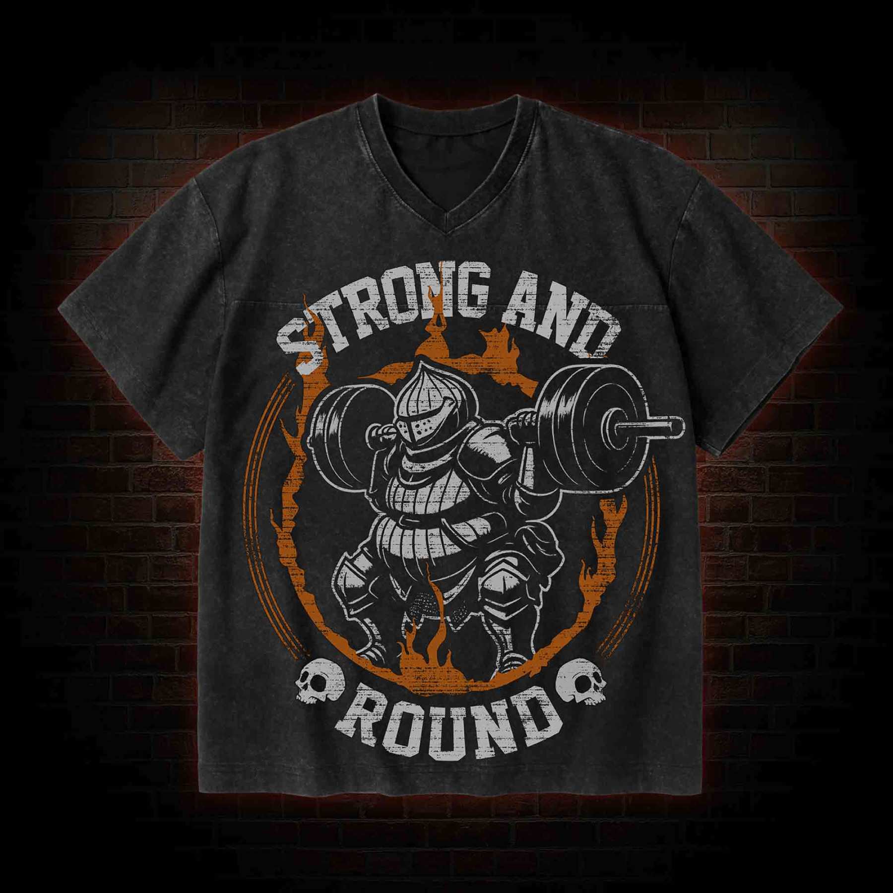 Strong and Round V-Neck Streetwear Washed T-shirt