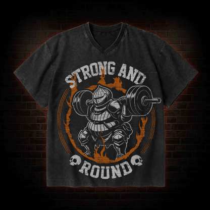 Strong and Round V-Neck Streetwear Washed T-shirt