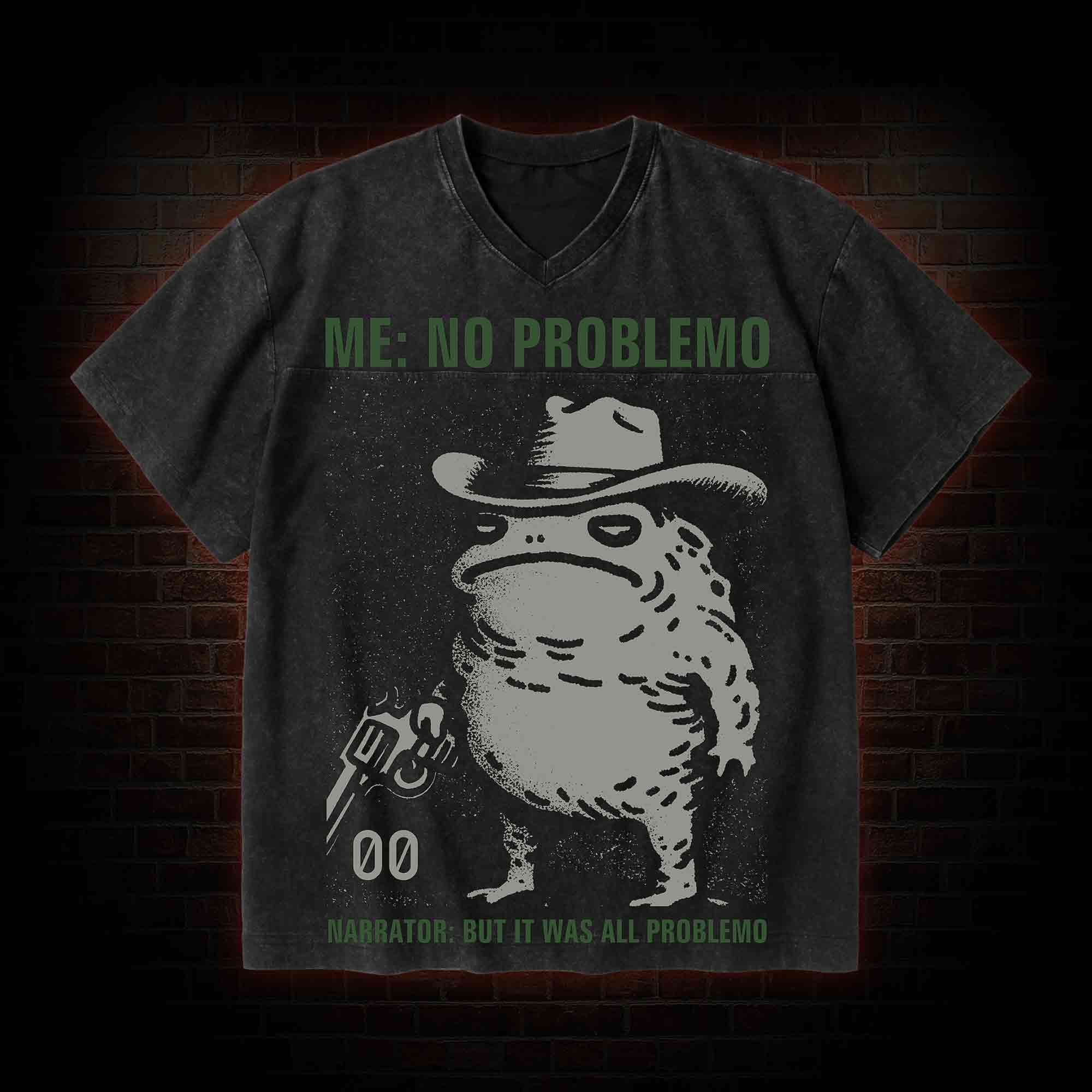 No Problemo Frog V-Neck Streetwear Washed T-shirt