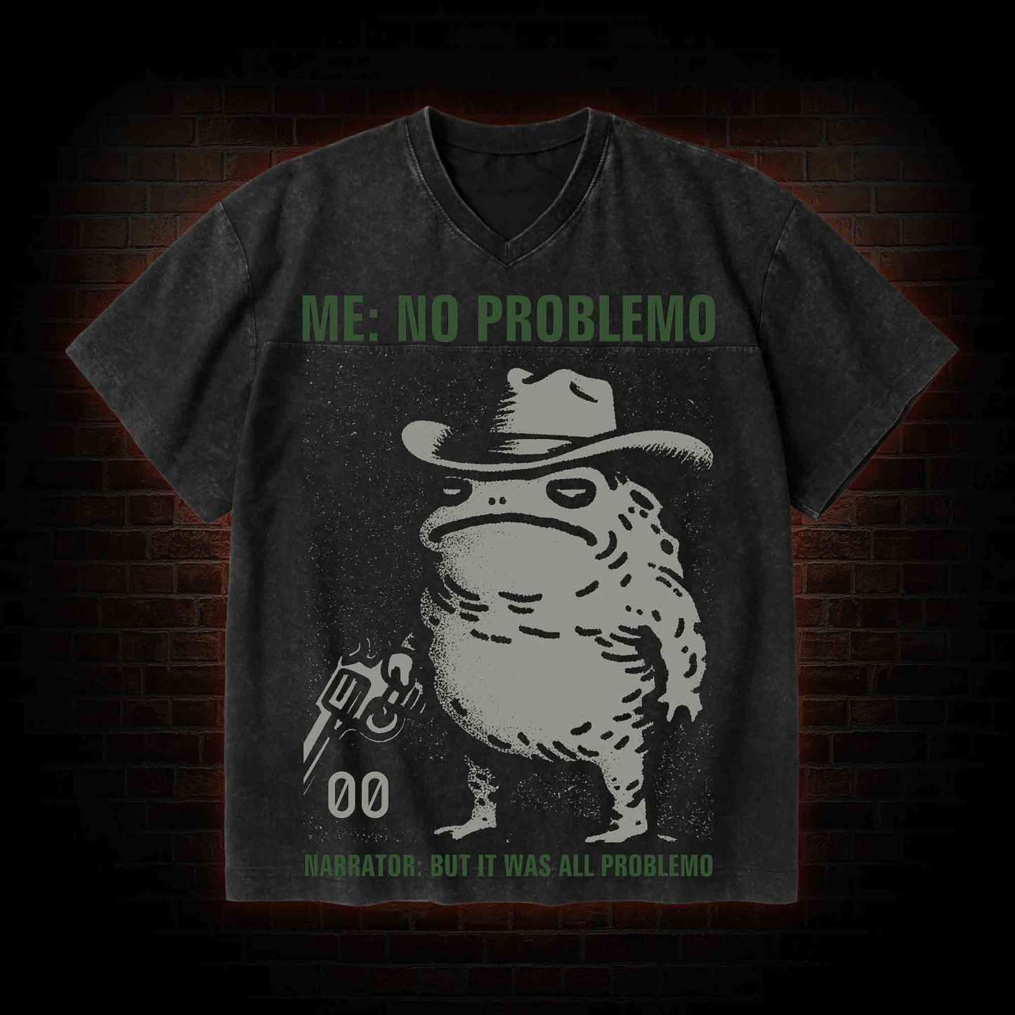 No Problemo Frog V-Neck Streetwear Washed T-shirt