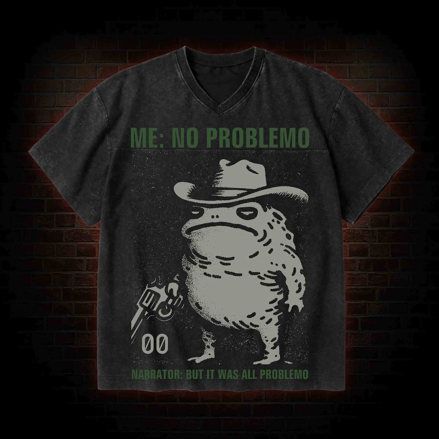 No Problemo Frog V-Neck Streetwear Washed T-shirt