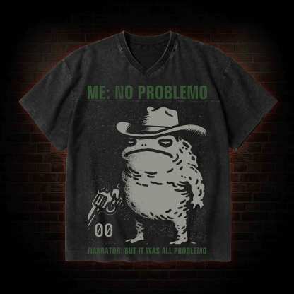 No Problemo Frog V-Neck Streetwear Washed T-shirt