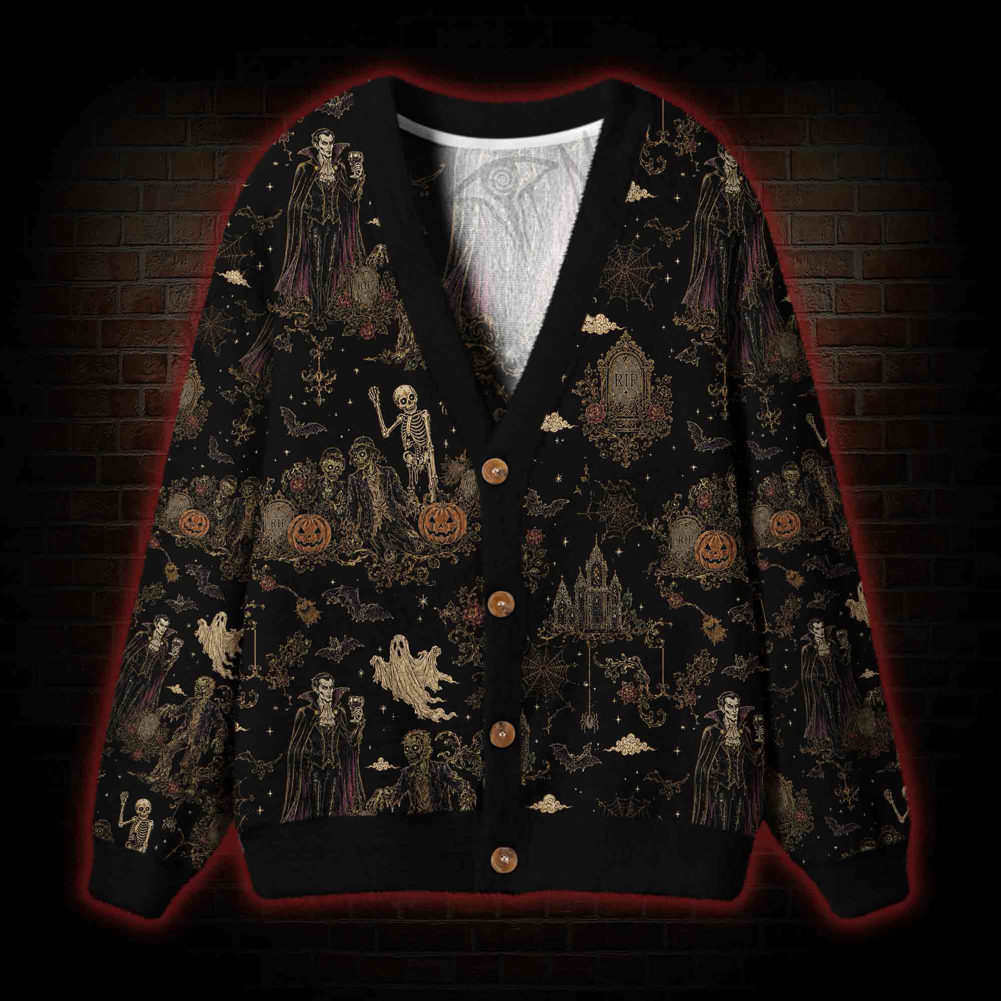 Vintage Halloween Vampire Skeleton Pumpkin Cardigan Sweater