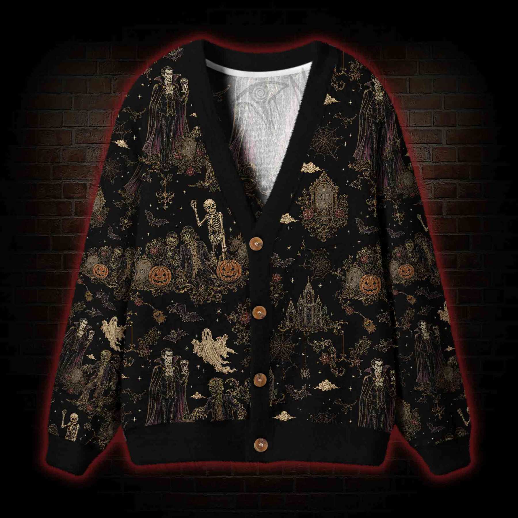 Vintage Halloween Vampire Skeleton Pumpkin Cardigan Sweater