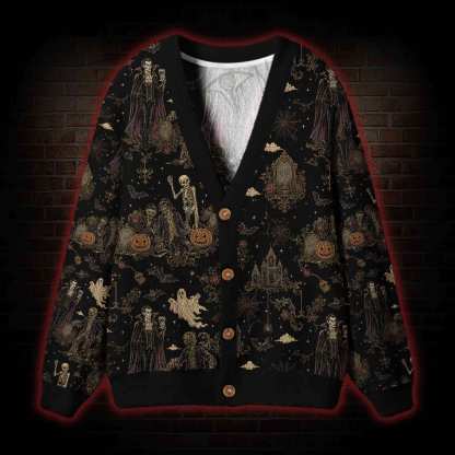Vintage Halloween Vampire Skeleton Pumpkin Cardigan Sweater