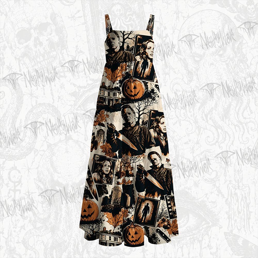 Retro Spooky Halloween Wide Straps Maxi Dress
