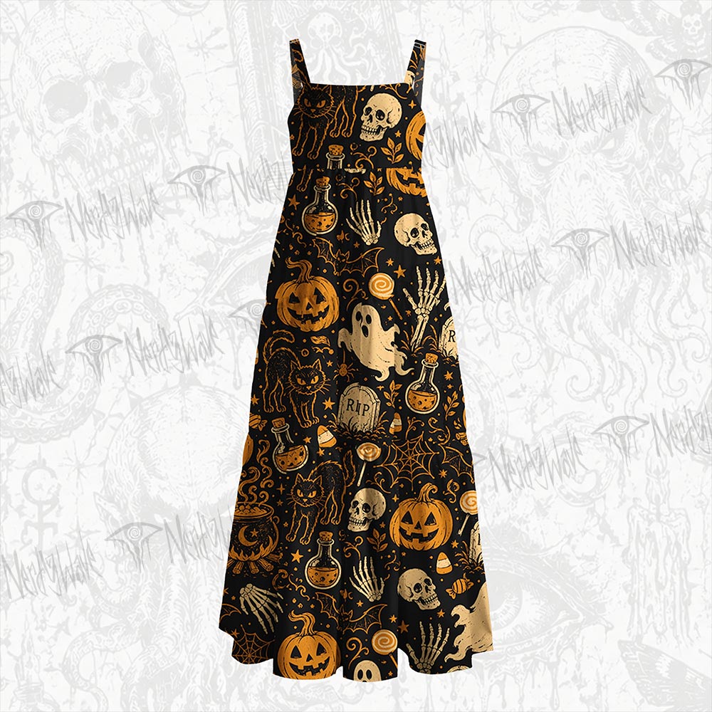 Spooky Ghost Black Cat Wide Straps Maxi Dress