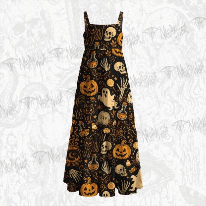 Spooky Ghost Black Cat Wide Straps Maxi Dress