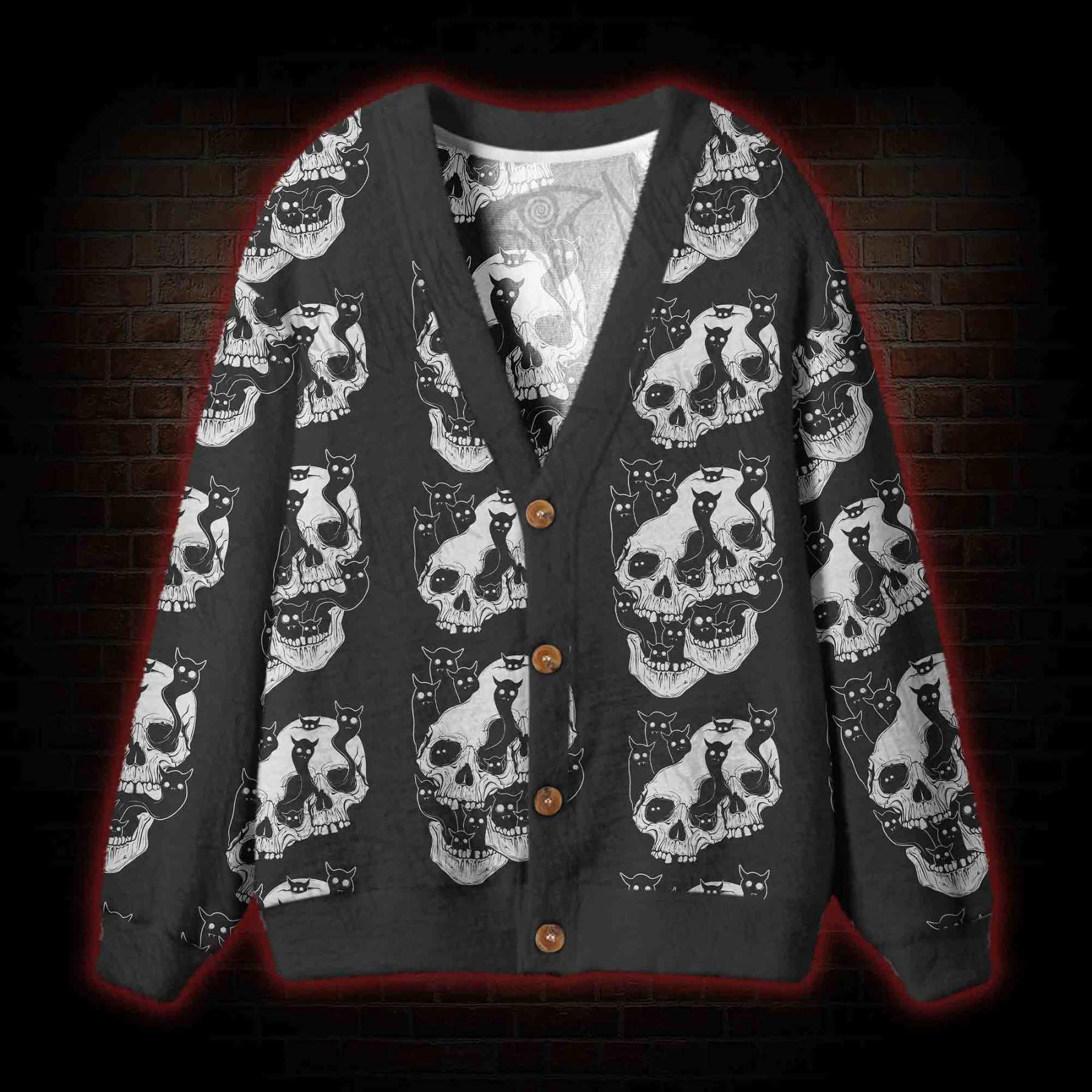 Cat Ghost Double Skull Cardigan Sweater