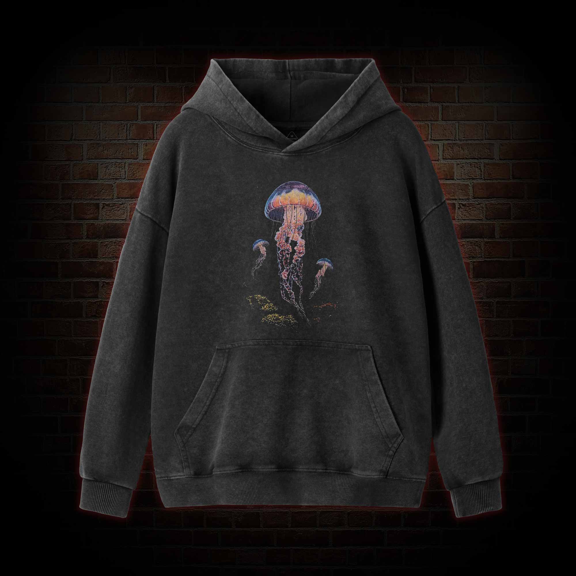 Vintage Jellyfish Dark Ocean Grunge Washed Hoodie
