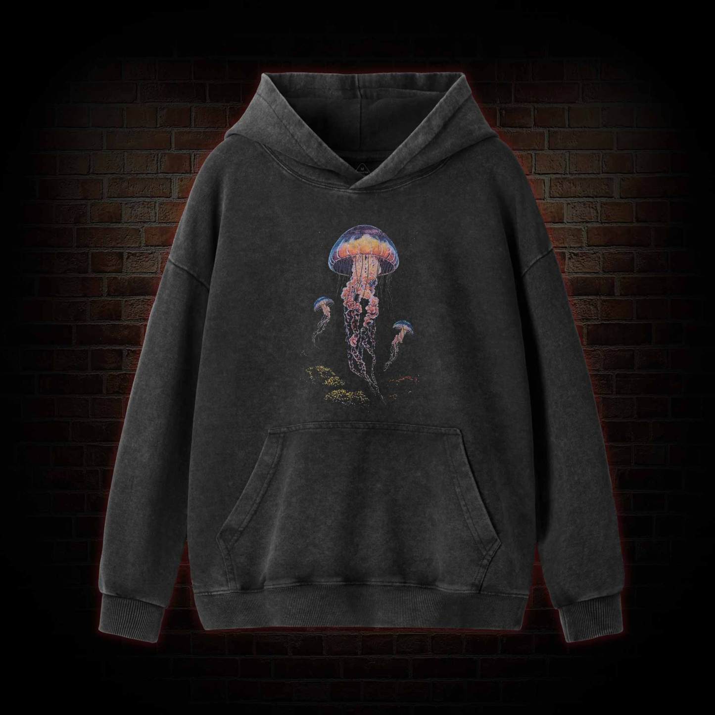 Vintage Jellyfish Dark Ocean Grunge Washed Hoodie