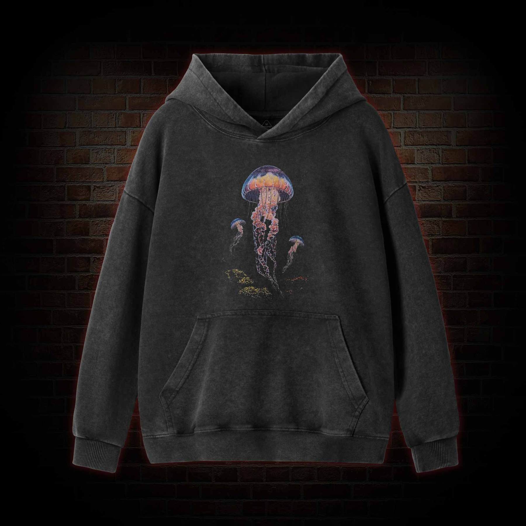 Vintage Jellyfish Dark Ocean Grunge Washed Hoodie