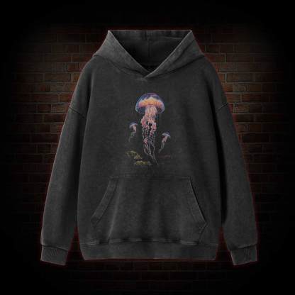 Vintage Jellyfish Dark Ocean Grunge Washed Hoodie