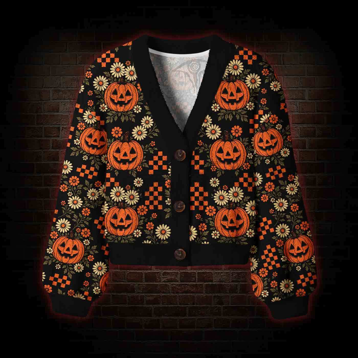 Retro Floral Pumpkin Women's Cardigan Sweater