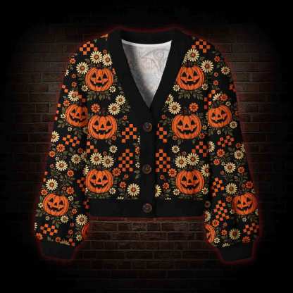 Retro Floral Pumpkin Women's Cardigan Sweater