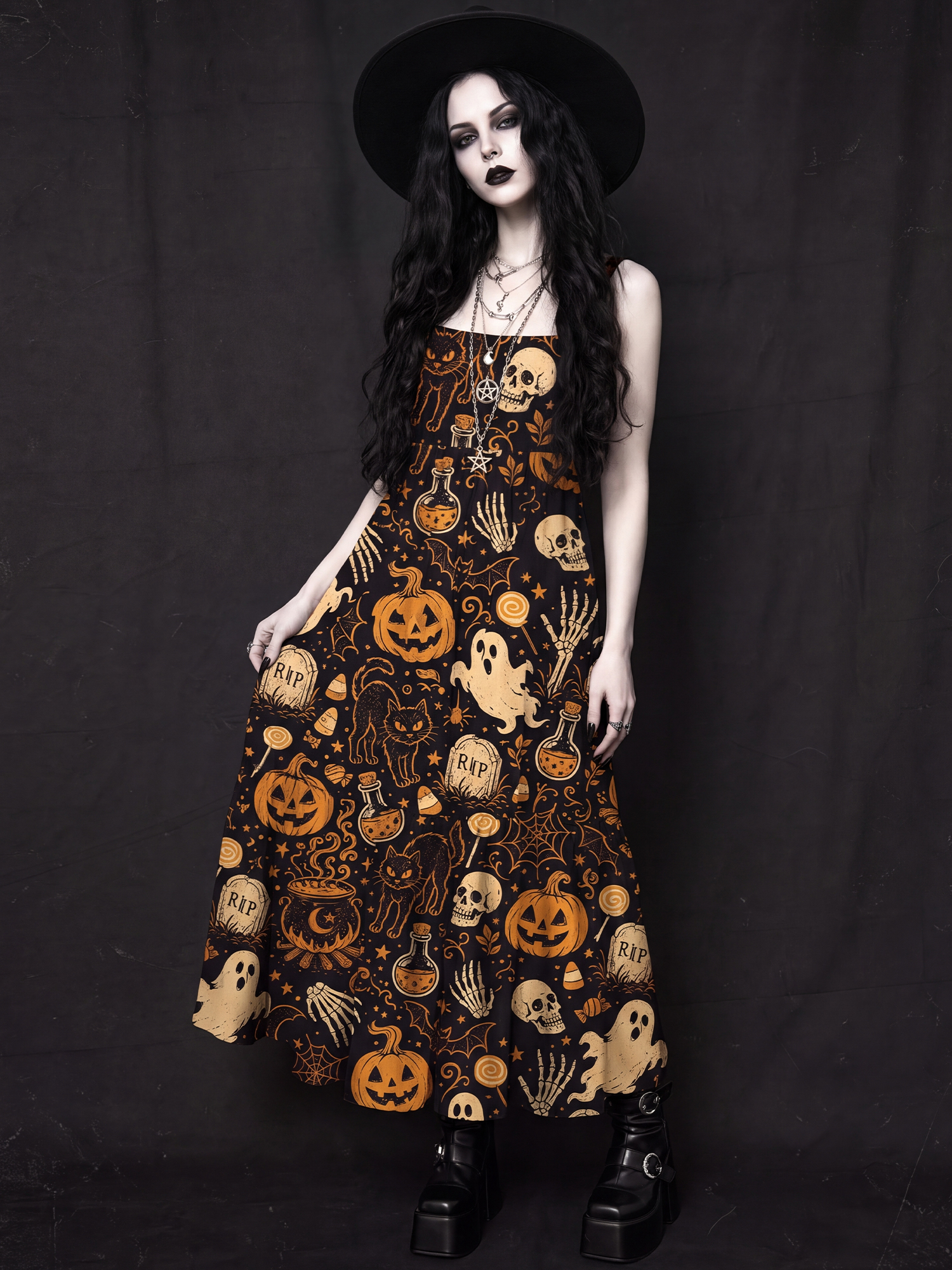 Spooky Ghost Black Cat Wide Straps Maxi Dress