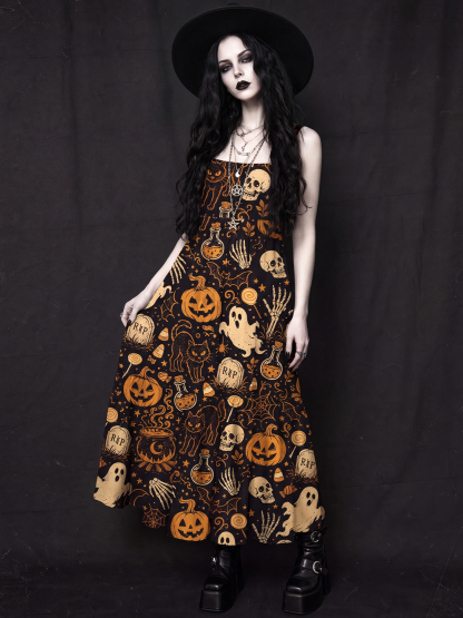 Spooky Ghost Black Cat Wide Straps Maxi Dress