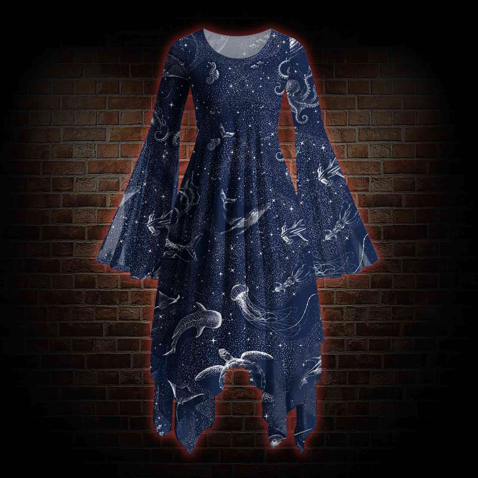 Deep Sea Jellyfish Bell-sleeve Handkerchief-hem Dress