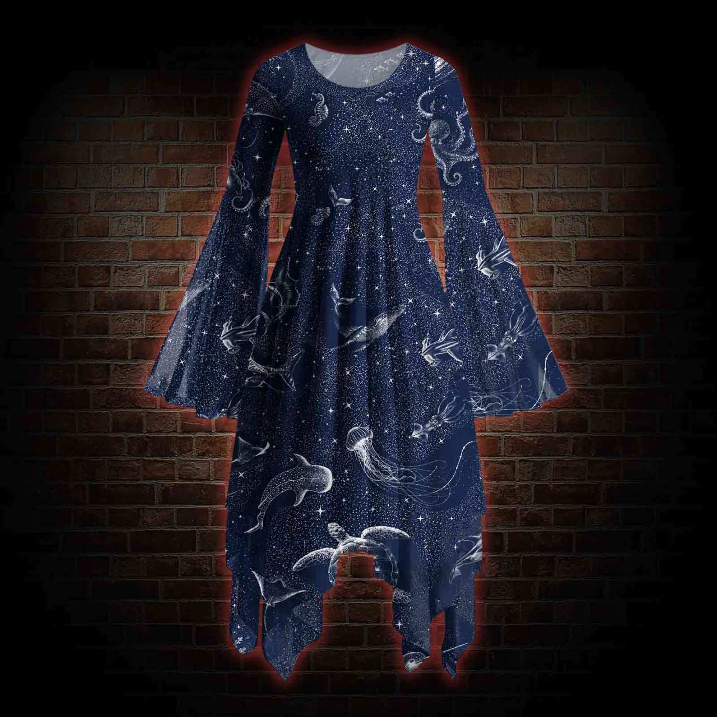 Deep Sea Jellyfish Bell-sleeve Handkerchief-hem Dress