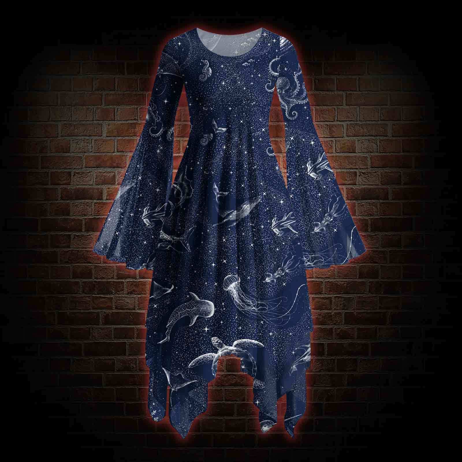 Deep Sea Jellyfish Bell-sleeve Handkerchief-hem Dress