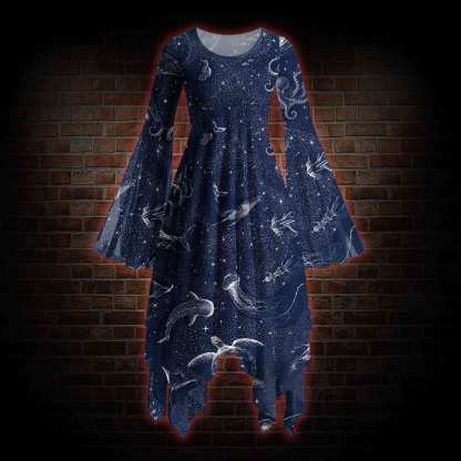 Deep Sea Jellyfish Bell-sleeve Handkerchief-hem Dress