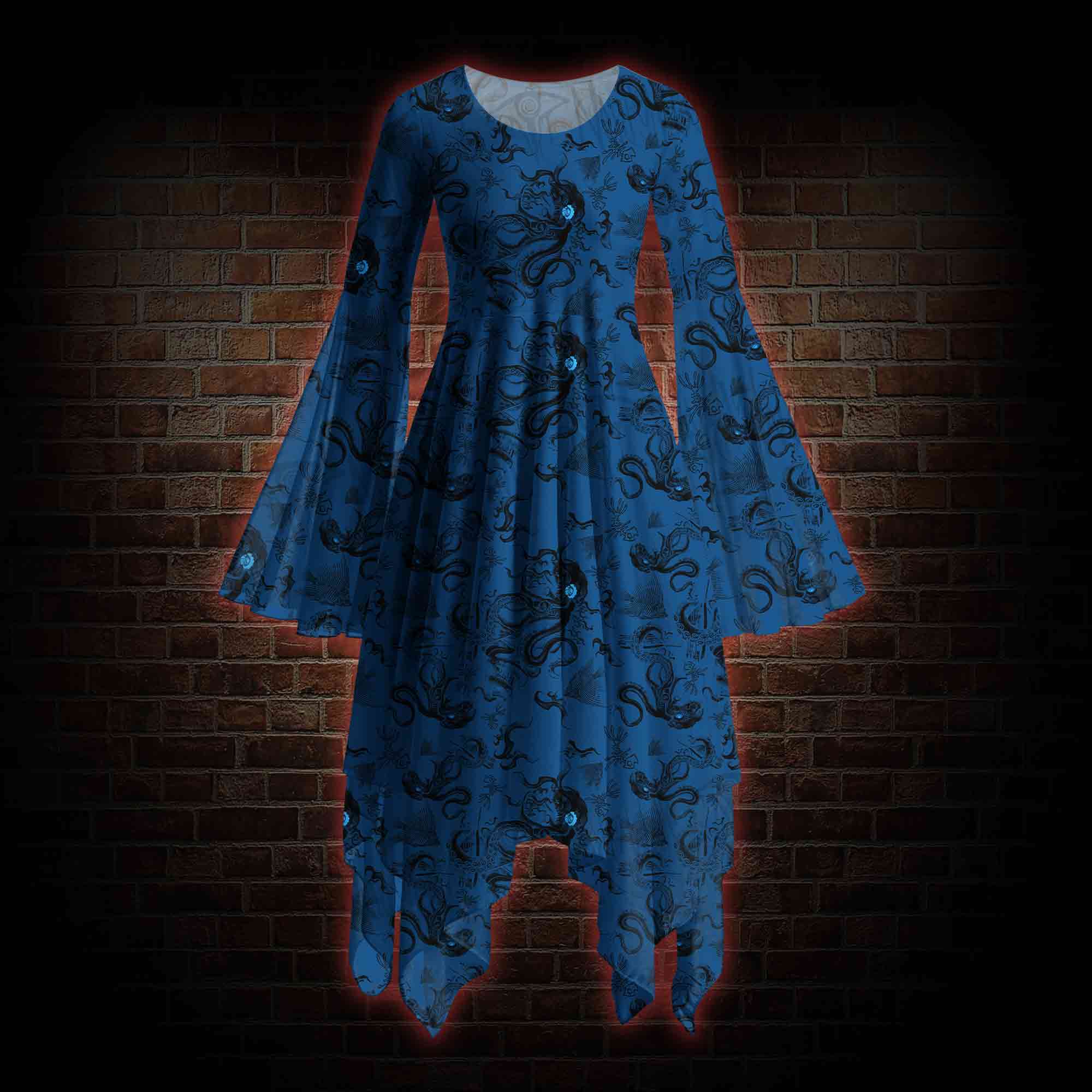 Deep Sea Monster Bell-sleeve Handkerchief-hem Dress