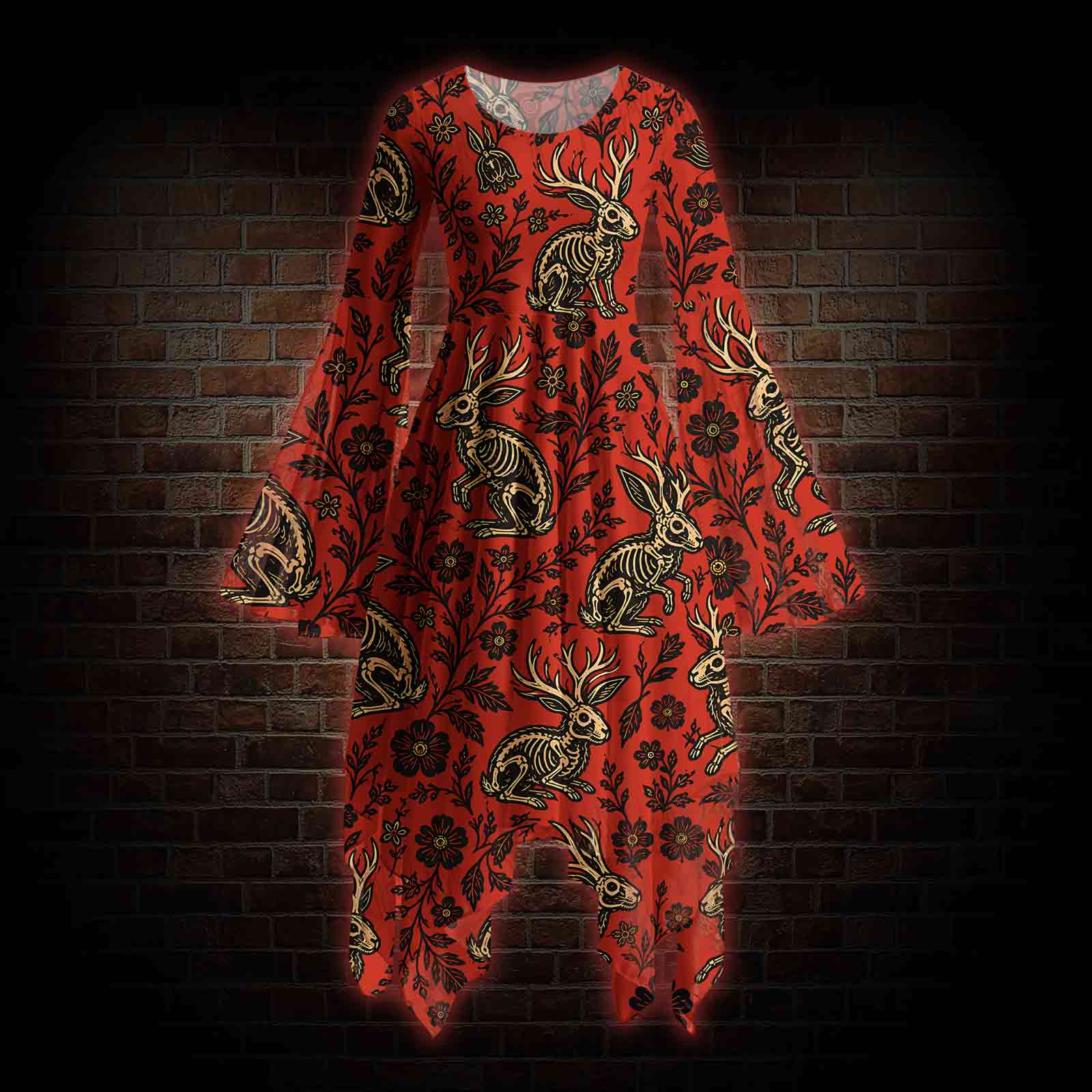 Jacklope and Flower Bell-sleeve Handkerchief-hem Dress