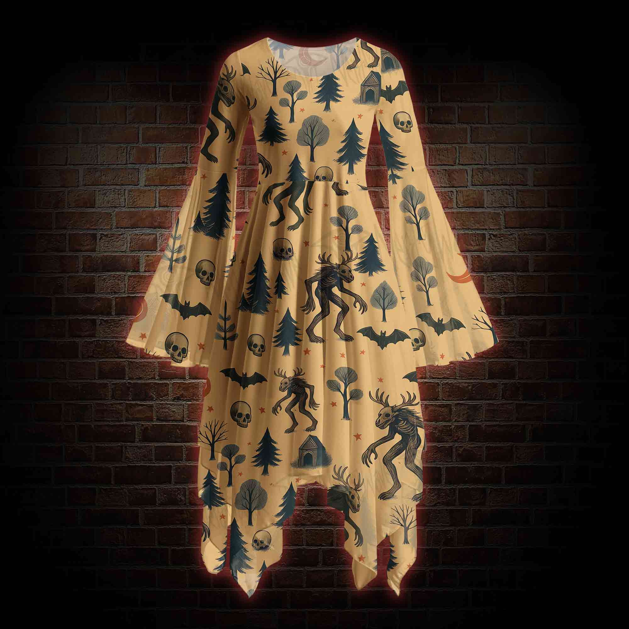 Wendigo in the Forest Bell-sleeve Handkerchief-hem Dress