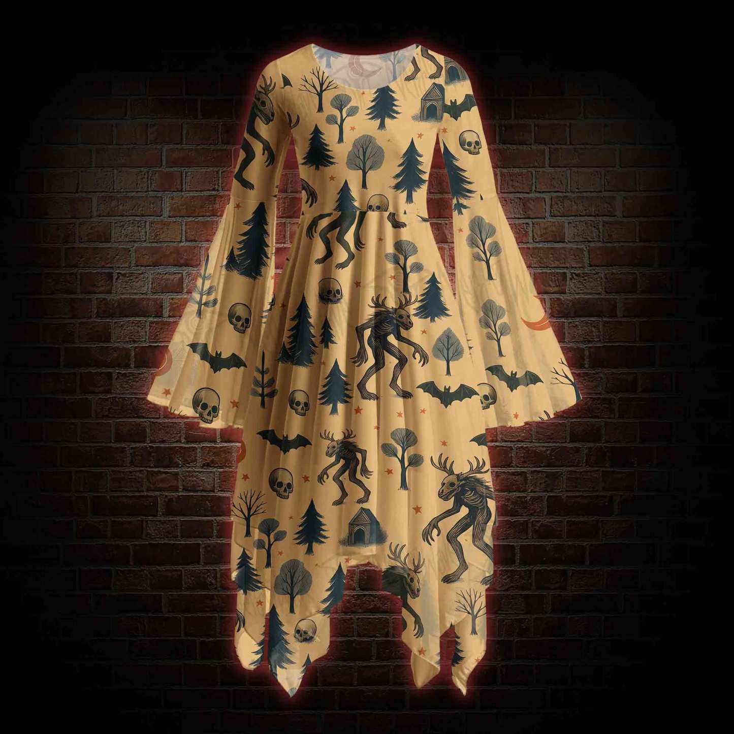Wendigo in the Forest Bell-sleeve Handkerchief-hem Dress